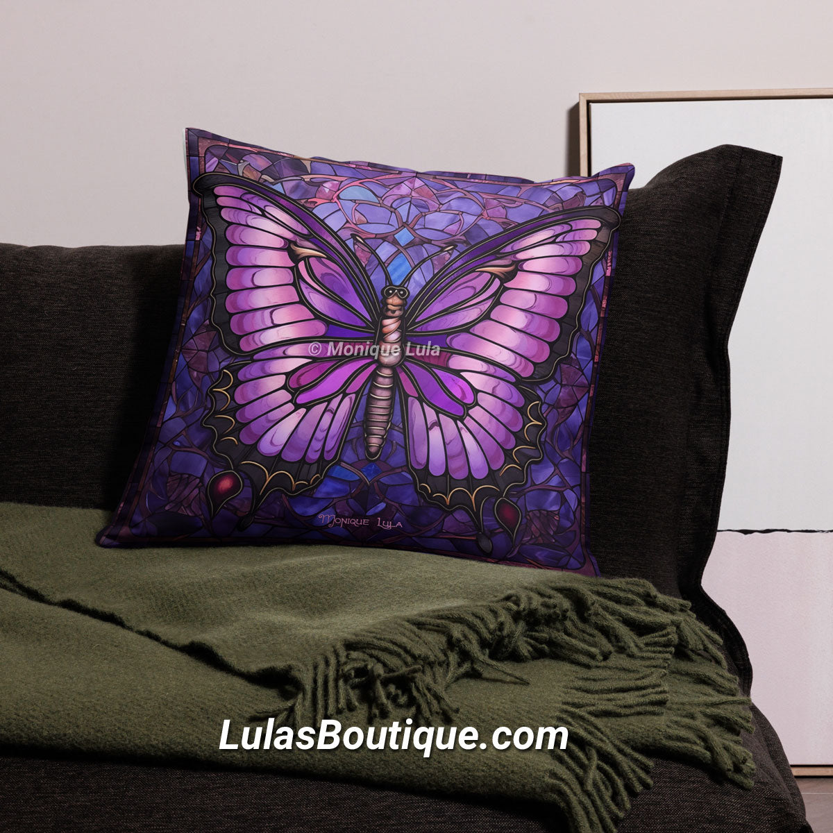Stained Glass Purple Butterfly Pillow
