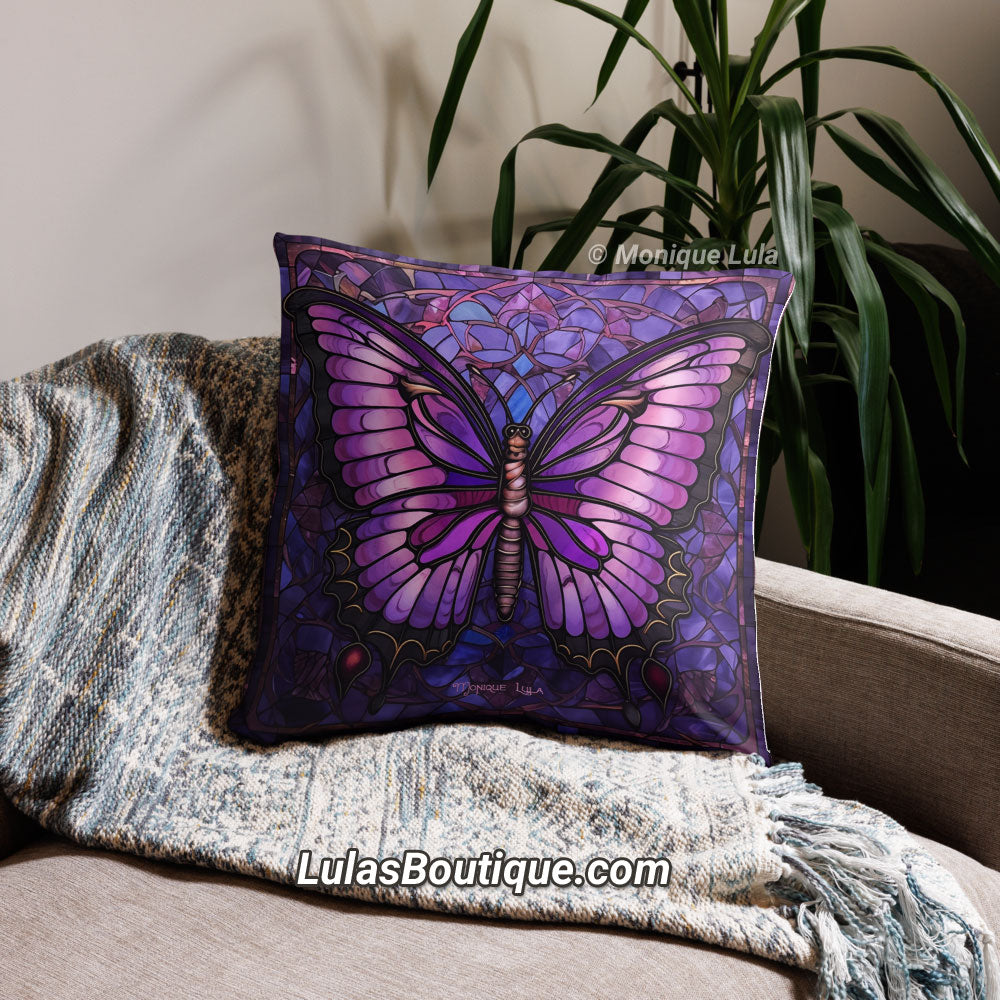 Stained Glass Purple Butterfly Pillow