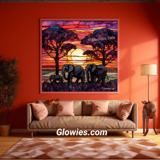 Elephants At Sunset Stained Glass