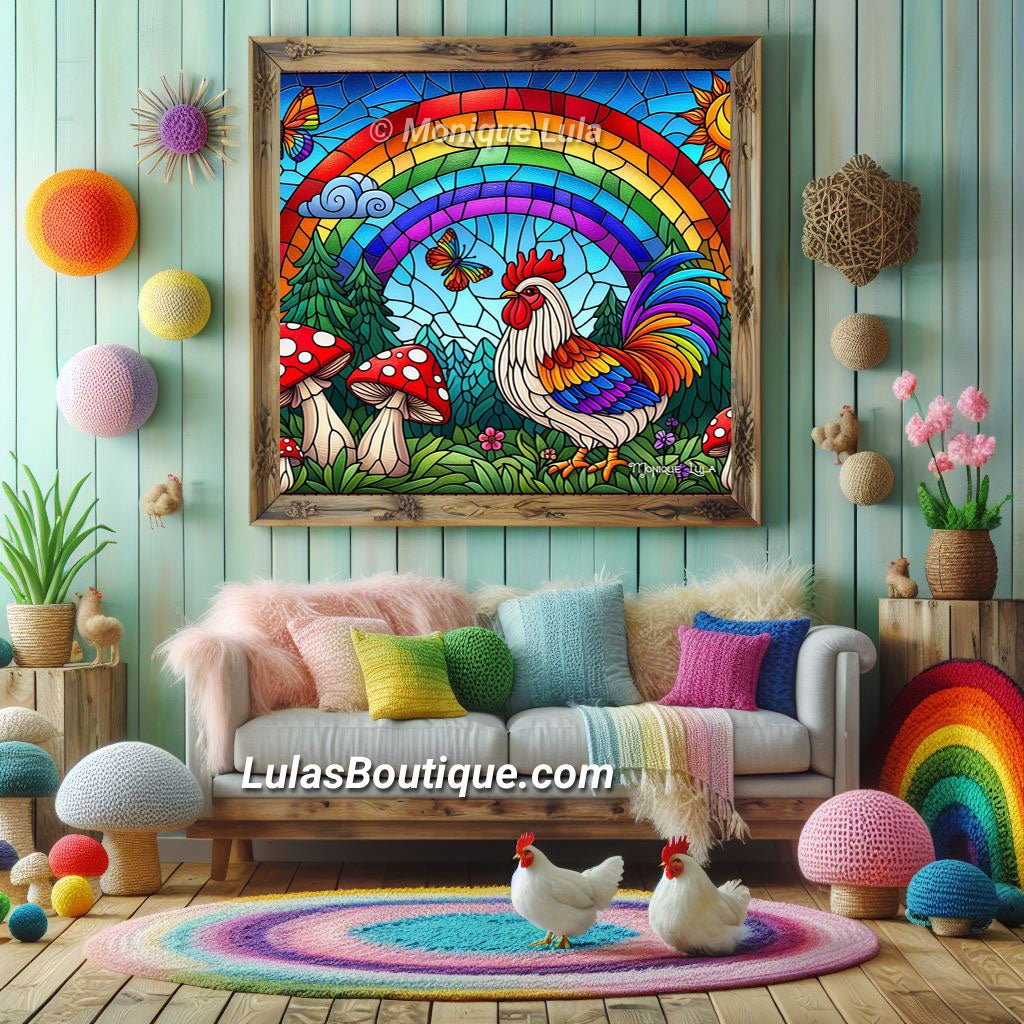 Rainbow Chicken Stained Glass Style Print